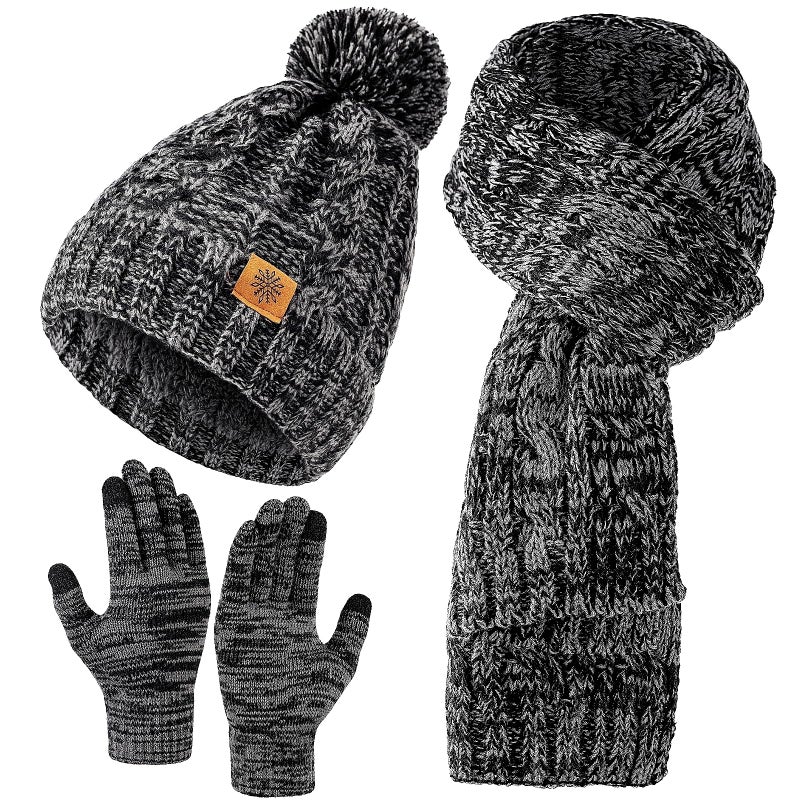 Tavaleu Womens Winter Beanie Hat Scarf Gloves Set, Pom Beanie Warm Knit Scarf Touchscreen Gloves for Cold Weather - Image 1