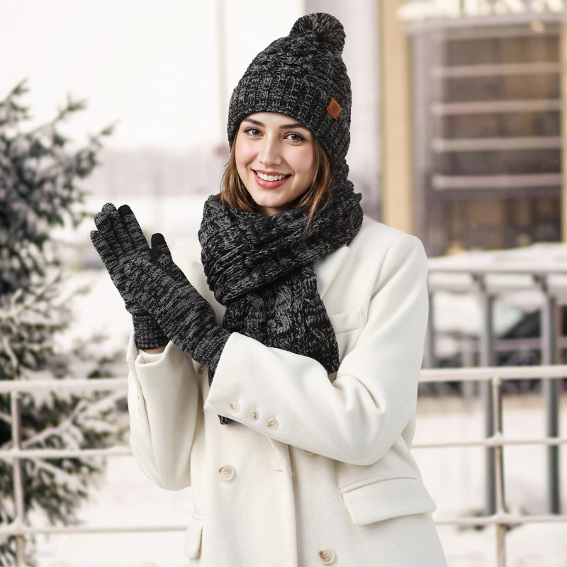 Tavaleu Womens Winter Beanie Hat Scarf Gloves Set, Pom Beanie Warm Knit Scarf Touchscreen Gloves for Cold Weather - Image 2