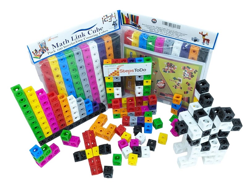StepsToDo Pack 100 Pieces Maths Cubes in 5 Colours. Math Teaching Aid. 2CM Size. Educational Blocks Interlocking Counting Cubes. Linking Cubes. Snap Cubes. with Activity Booklet For Teen - Image 1
