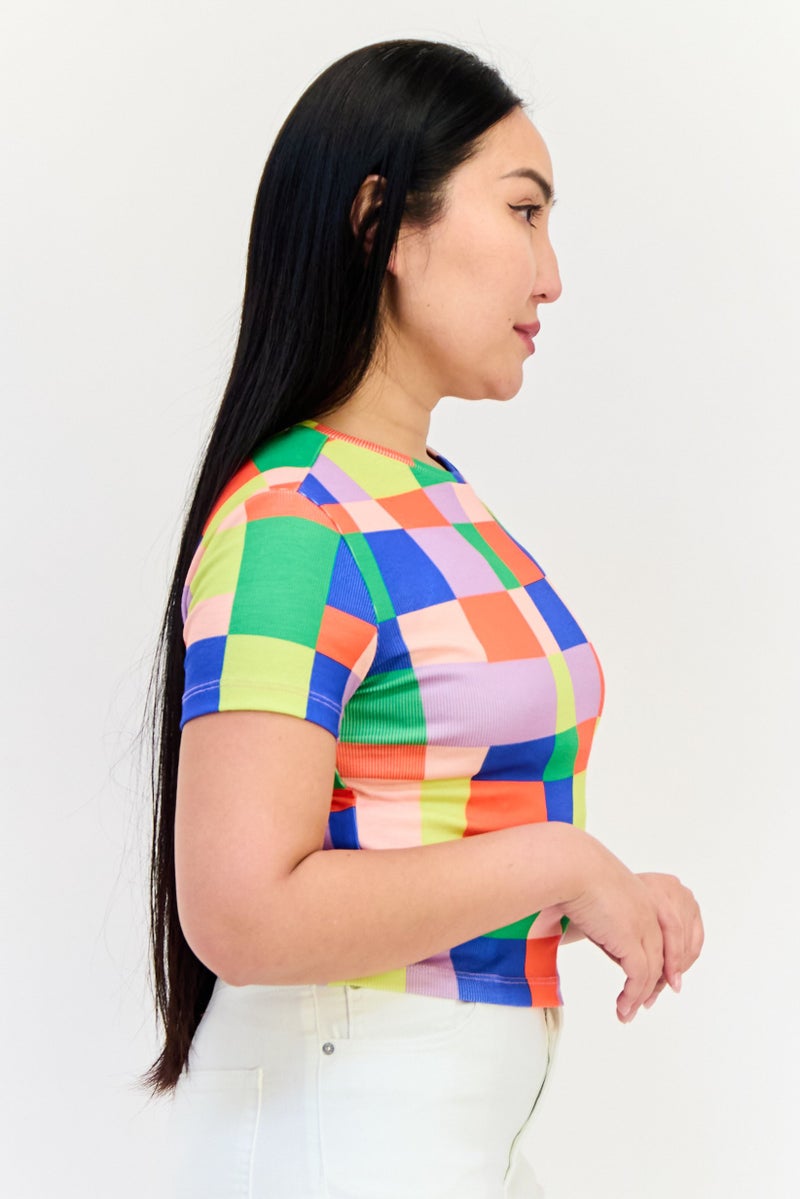 ONLY Women Crew Neck Short Sleeves Checkered T-Shirts, Multicolor - Image 3