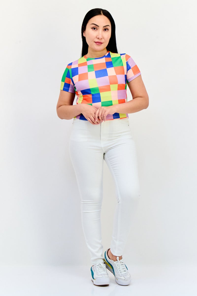ONLY Women Crew Neck Short Sleeves Checkered T-Shirts, Multicolor - Image 4