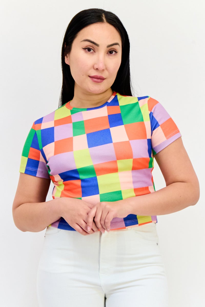 ONLY Women Crew Neck Short Sleeves Checkered T-Shirts, Multicolor - Image 1