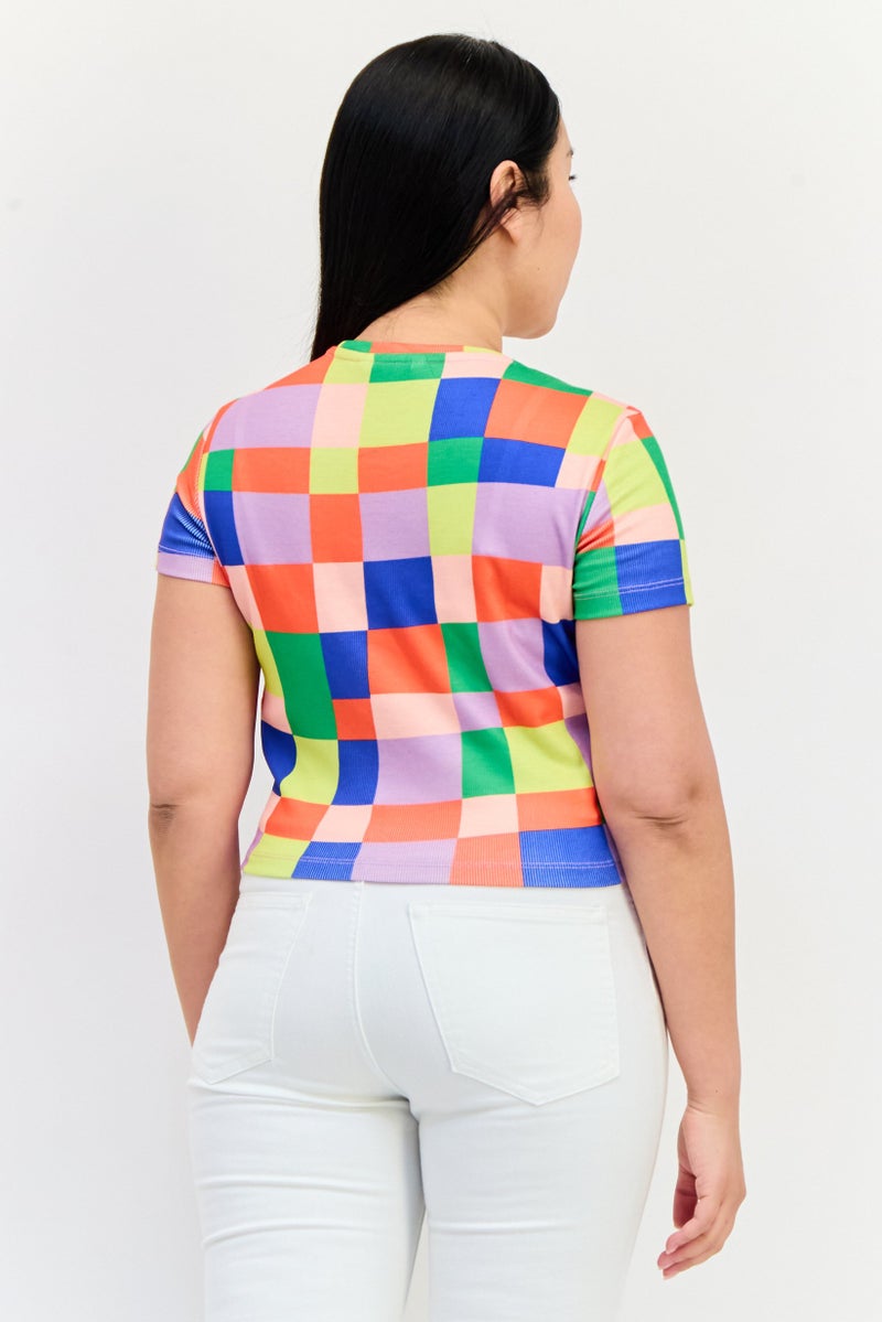 ONLY Women Crew Neck Short Sleeves Checkered T-Shirts, Multicolor - Image 2