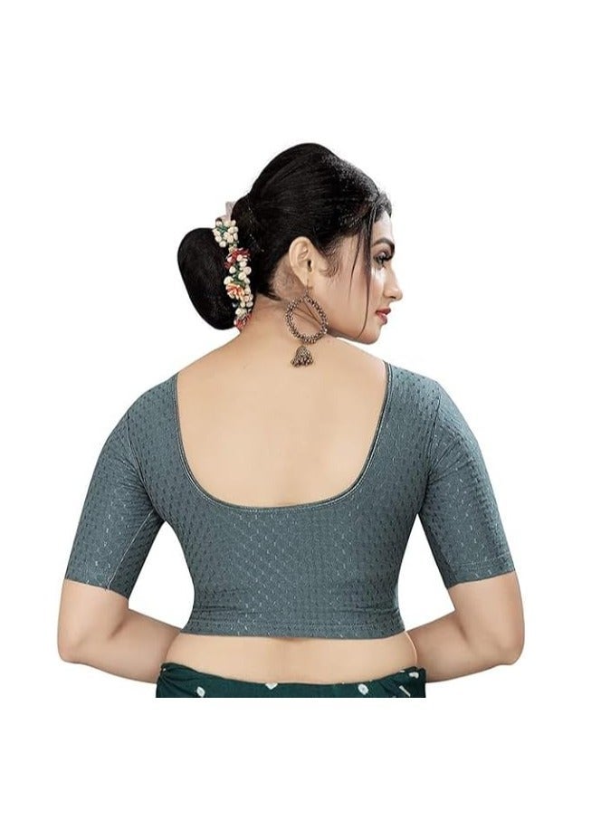 Accessories 22 Round Neck Dobby Cotton Lycra Stretchable Elbow Sleeve Readymade Saree Blouse for Women Stylish - Image 2