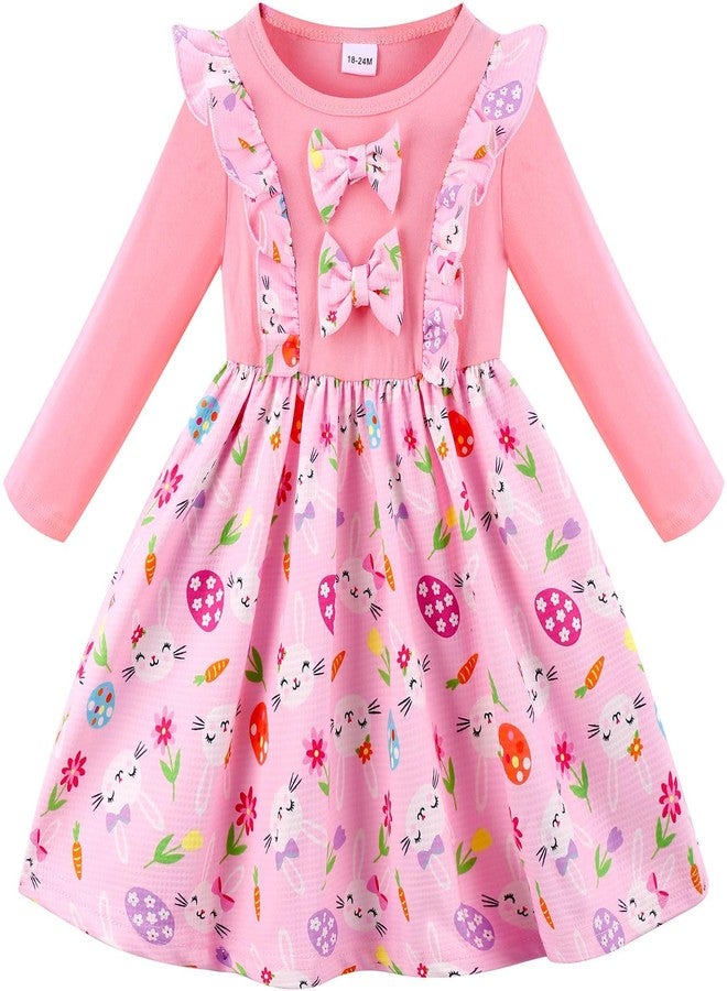 RETSUGO Toddler Girls Easter Dress Kids Easter Eggs Bowknot Pink Clothes Girls Winter Long Sleeve Bunny Outfits Dresses 1-7 Years 1845-4T - Image 1