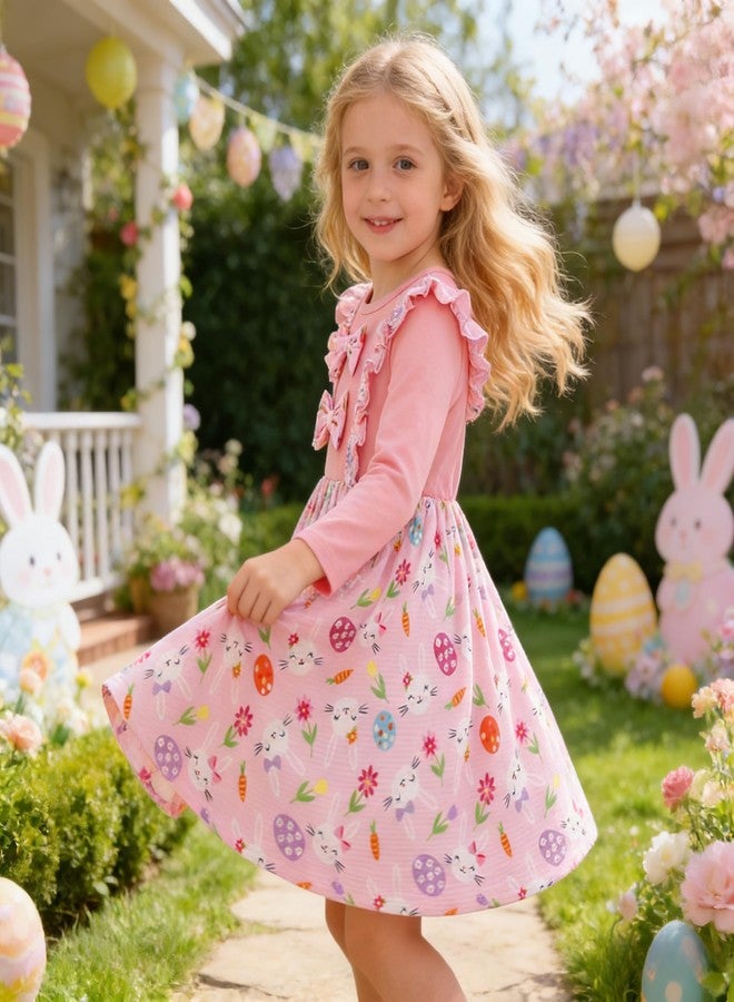 RETSUGO Toddler Girls Easter Dress Kids Easter Eggs Bowknot Pink Clothes Girls Winter Long Sleeve Bunny Outfits Dresses 1-7 Years 1845-4T - Image 4
