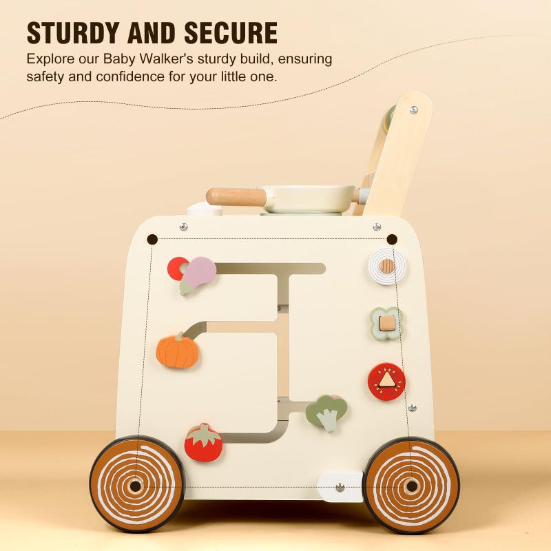 Pithfor Wooden Baby Walker, 3-in-1 Baby Push Walker, with Pretend Kitchen, Montessori Sensory Activity Center, Push Walker Toys for Babies Learning to Walk, Sit-to-Stand - Image 4