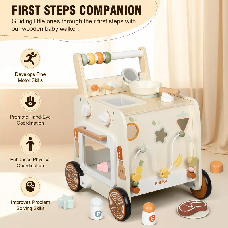 Pithfor Wooden Baby Walker, 3-in-1 Baby Push Walker, with Pretend Kitchen, Montessori Sensory Activity Center, Push Walker Toys for Babies Learning to Walk, Sit-to-Stand - Image 3