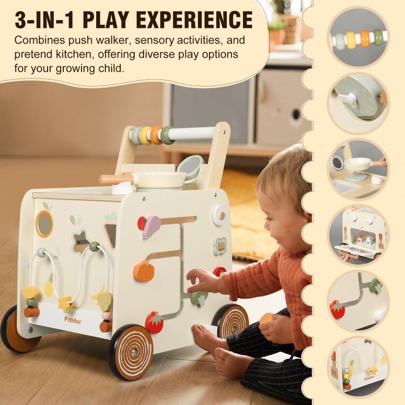 Pithfor Wooden Baby Walker, 3-in-1 Baby Push Walker, with Pretend Kitchen, Montessori Sensory Activity Center, Push Walker Toys for Babies Learning to Walk, Sit-to-Stand - Image 2