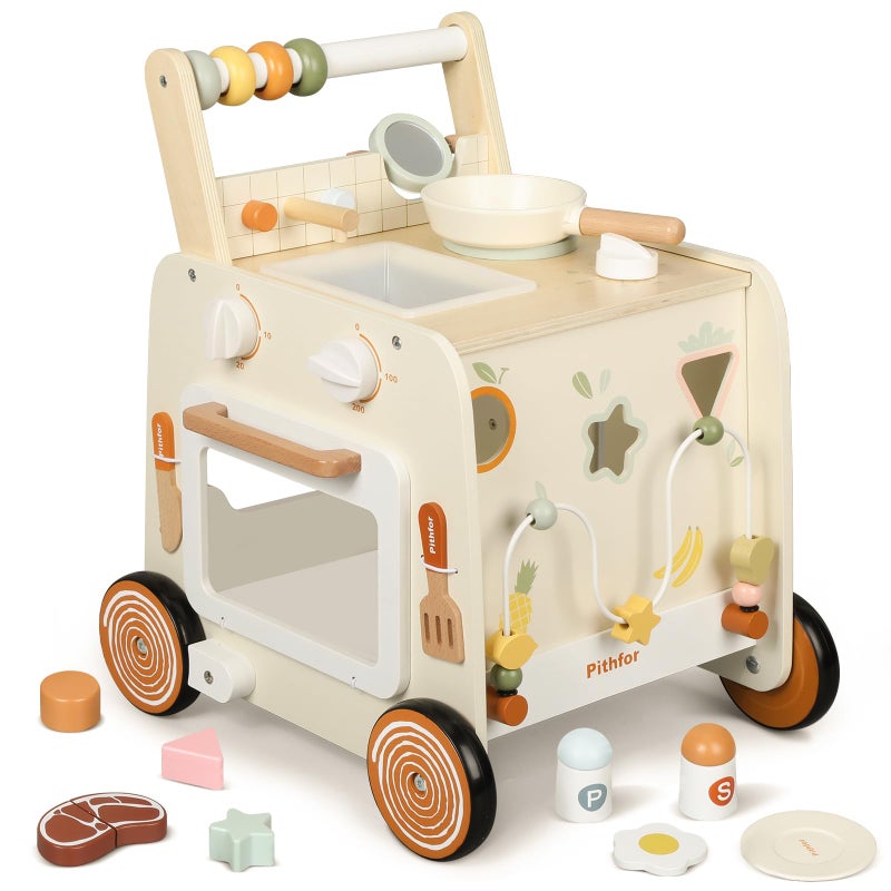 Pithfor Wooden Baby Walker, 3-in-1 Baby Push Walker, with Pretend Kitchen, Montessori Sensory Activity Center, Push Walker Toys for Babies Learning to Walk, Sit-to-Stand - Image 1