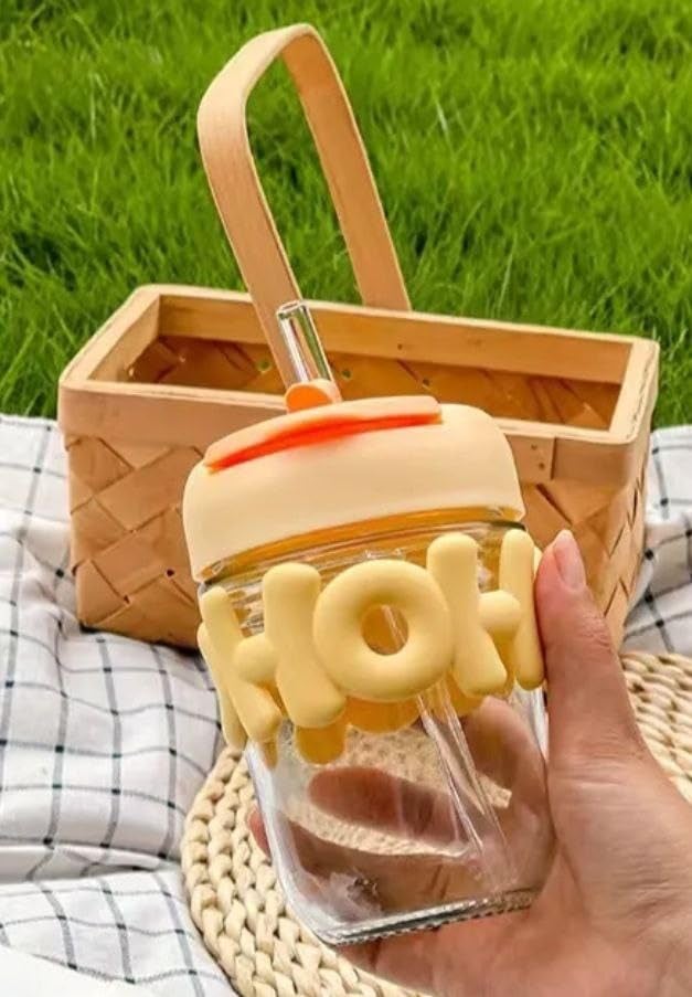 HUNGYAN Glass Tumbler Mug with Lid Silicon SleeveHot and Cold BeveragesTravel Bottle Smoothies Fruit Juice JarSipper Bottle with StrawTea Milk Mug for Women Teen Girls Multicolour - Image 4