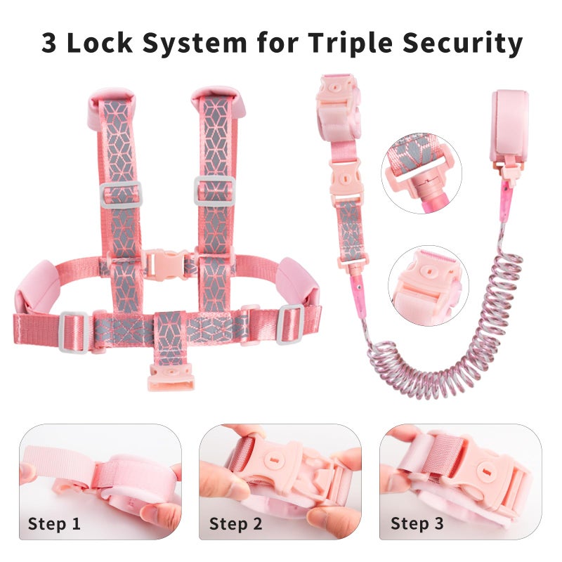 bearcouple Toddler Leash Harness Backpack 4-in-1, Anti Lost Wrist Link & Safety Strap for Kids Boys Girls, Reflective Adjustable Baby Walking Belt for Park Zoo Travel, Child Cute Reins (Pink) - Image 3