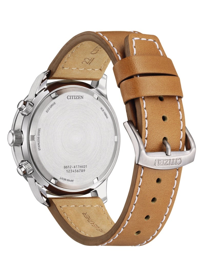 CITIZEN Eco-Drive Chronograph Men’s Watch CA0880-15X, 44 mm Cream Dial, Stainless Steel Case, Brown Leather Strap, 100 m WR - Image 4
