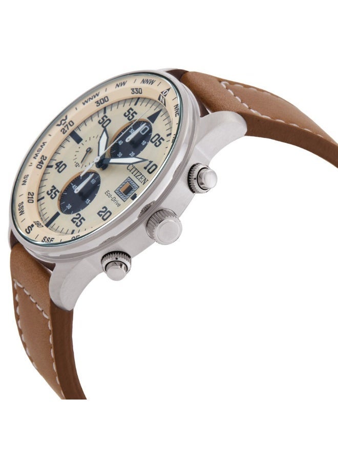 CITIZEN Eco-Drive Chronograph Men’s Watch CA0880-15X, 44 mm Cream Dial, Stainless Steel Case, Brown Leather Strap, 100 m WR - Image 2