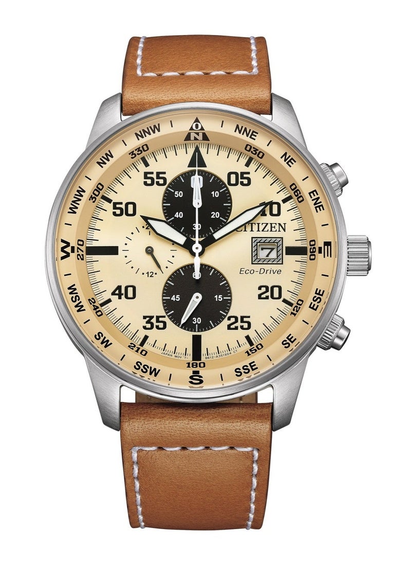 CITIZEN Eco-Drive Chronograph Men’s Watch CA0880-15X, 44 mm Cream Dial, Stainless Steel Case, Brown Leather Strap, 100 m WR - Image 1