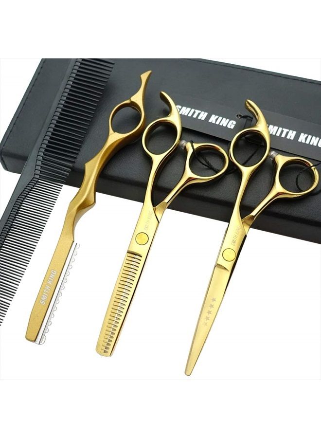 Smithking 5.5 Inches Hair Cutting Scissors Set with Razor Combs Lether Scissors Case,Hair Cutting Shears Hair Thinning Shears for Personal and Professional (Gold) - Image 1