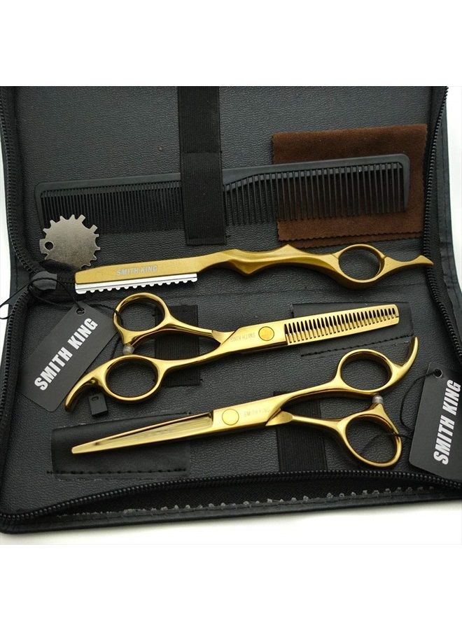 Smithking 5.5 Inches Hair Cutting Scissors Set with Razor Combs Lether Scissors Case,Hair Cutting Shears Hair Thinning Shears for Personal and Professional (Gold) - Image 2