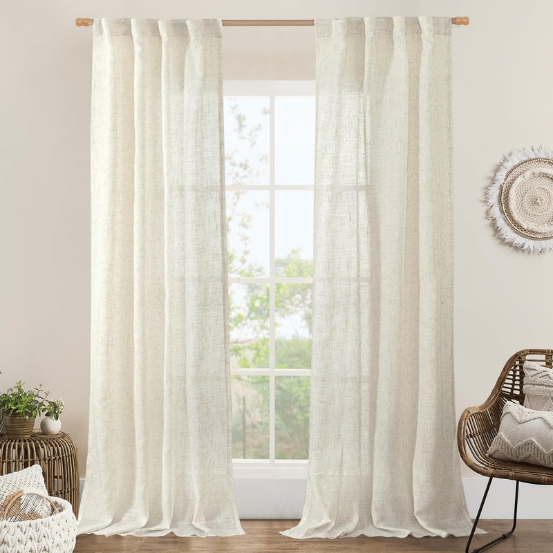 LAMIT Natural Linen Boho Curtains 84 inch Length 2 Panels, Cream Ivory Light Filtering Semi Sheer Panels Back Tab and Rod Pocket Neutral Drapes for Bedroom/Living Room, 34 x 84 Inch - Image 1
