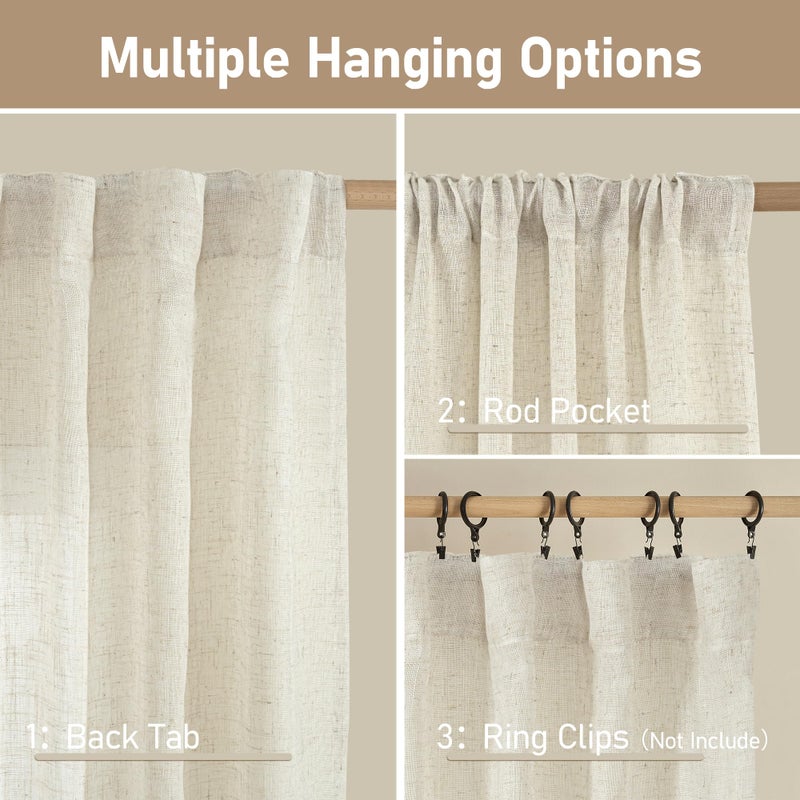 LAMIT Natural Linen Boho Curtains 84 inch Length 2 Panels, Cream Ivory Light Filtering Semi Sheer Panels Back Tab and Rod Pocket Neutral Drapes for Bedroom/Living Room, 34 x 84 Inch - Image 3