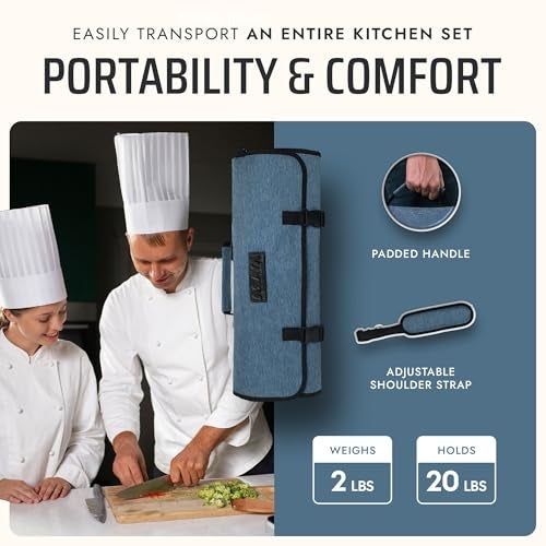 Asaya Chef Knife Roll Bag - 20 Total Pockets for Knives and Kitchen Utensils - Made with Stain Resistant Waxed Nylon - For Chefs and Culinary Students - Knives Not Included(Blue) - Image 5