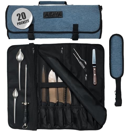 Asaya Chef Knife Roll Bag - 20 Total Pockets for Knives and Kitchen Utensils - Made with Stain Resistant Waxed Nylon - For Chefs and Culinary Students - Knives Not Included(Blue) - Image 1