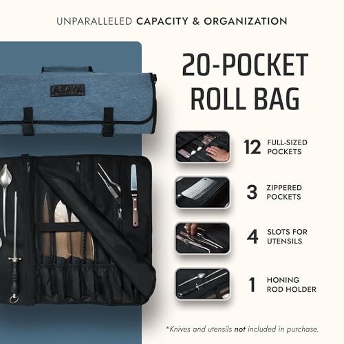 Asaya Chef Knife Roll Bag - 20 Total Pockets for Knives and Kitchen Utensils - Made with Stain Resistant Waxed Nylon - For Chefs and Culinary Students - Knives Not Included(Blue) - Image 2