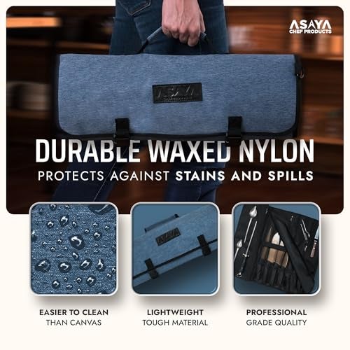 Asaya Chef Knife Roll Bag - 20 Total Pockets for Knives and Kitchen Utensils - Made with Stain Resistant Waxed Nylon - For Chefs and Culinary Students - Knives Not Included(Blue) - Image 3