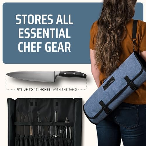 Asaya Chef Knife Roll Bag - 20 Total Pockets for Knives and Kitchen Utensils - Made with Stain Resistant Waxed Nylon - For Chefs and Culinary Students - Knives Not Included(Blue) - Image 4