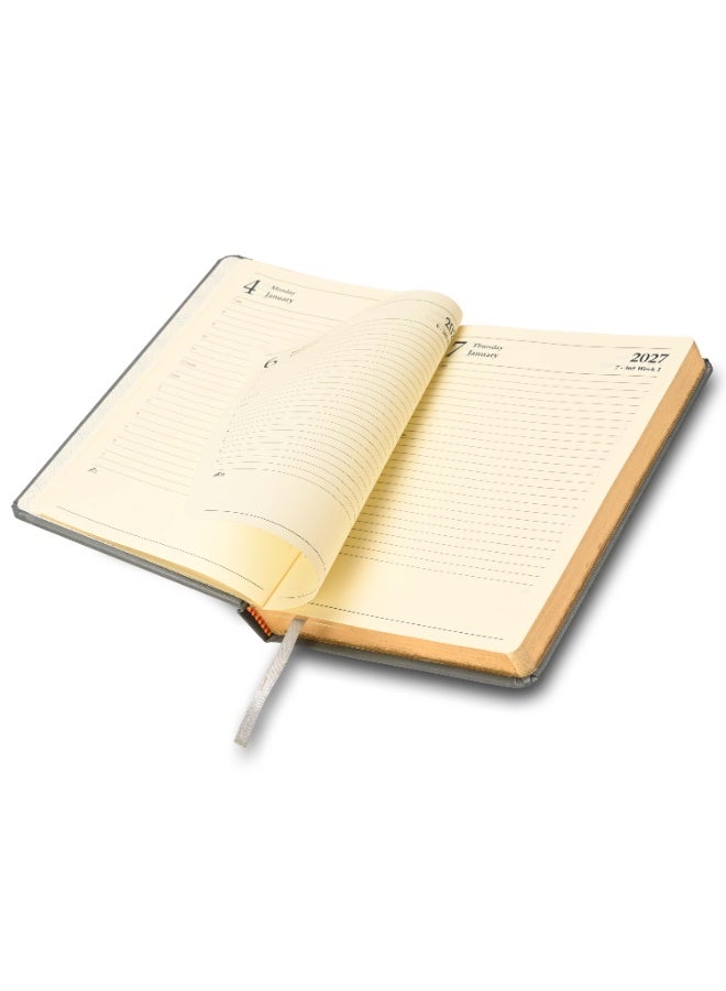 FIS 2027 Golden Diary, A5 Size (148x210mm), Bonded Leather Material, 1 Side Padded Cover, Round Corners, Gilded Edges, 70gsm Ivory Paper, English, Grey Cover – FSDI26EGB27GY - Image 2