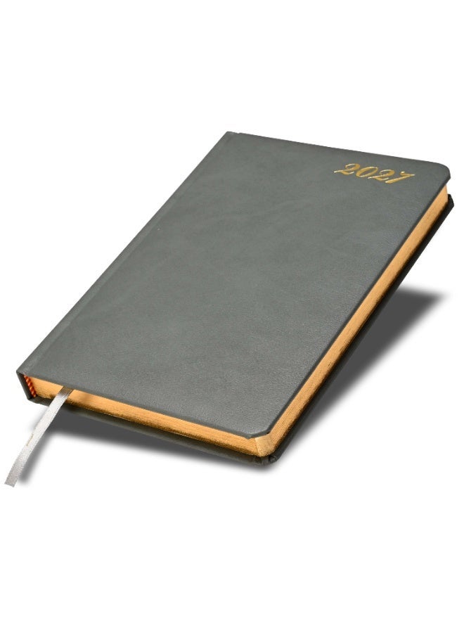FIS 2027 Golden Diary, A5 Size (148x210mm), Bonded Leather Material, 1 Side Padded Cover, Round Corners, Gilded Edges, 70gsm Ivory Paper, English, Grey Cover – FSDI26EGB27GY - Image 1