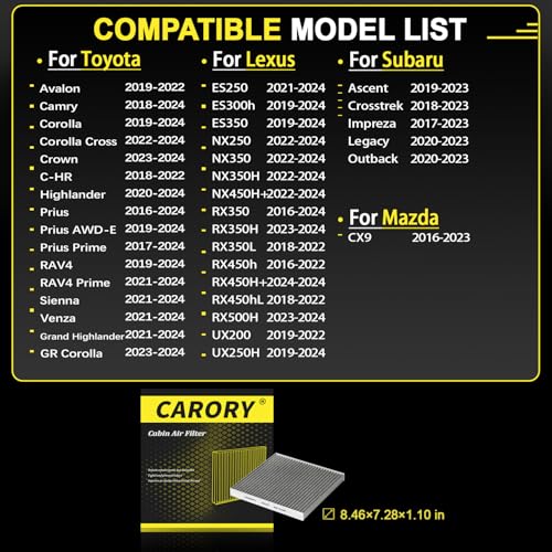 CARORY Cabin Air Filter w/Activated Carbon for Toyota Camry, Corolla, RAV4, Prius, Highlander, Sienna, Venza, Crown, Lexus ES350, ES300h, NX250, RX350, RX450h, Subaru Outback, Mazda CX9 and More - Image 2