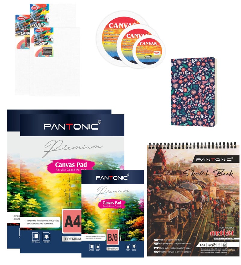 Variety Canvas Variety Canvas Art Kit For Artists n Students Which Includes [ 3 pc Canvas Boards [ 4X8 ,4X6 , 5X7 ] ,Round Canvas Board 5"4"3" 3pc , Canvas pad A/4 , B/6 [3] , Journal Sketchnotebook A/6 [1] , Sketchnotebook A/5 [1] Pack of 11 - Image 1