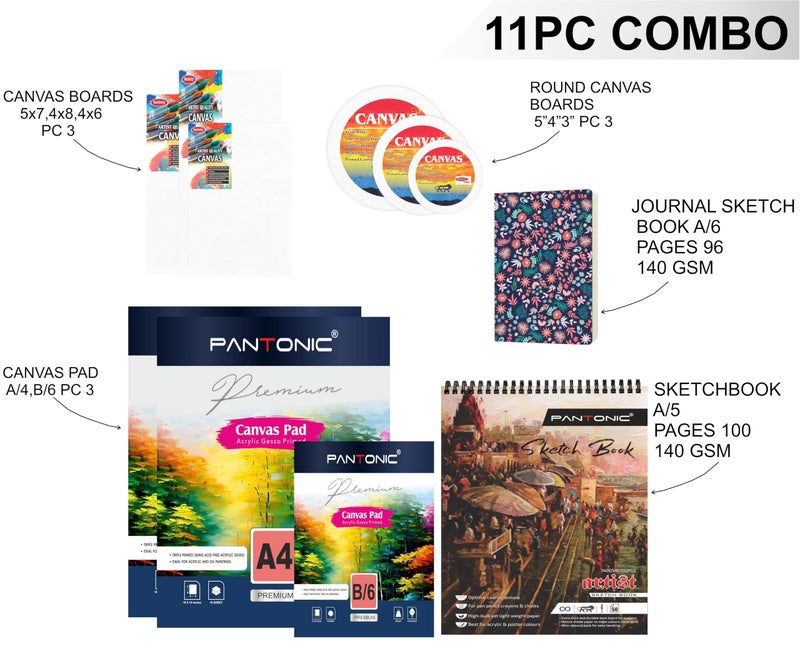Variety Canvas Variety Canvas Art Kit For Artists n Students Which Includes [ 3 pc Canvas Boards [ 4X8 ,4X6 , 5X7 ] ,Round Canvas Board 5"4"3" 3pc , Canvas pad A/4 , B/6 [3] , Journal Sketchnotebook A/6 [1] , Sketchnotebook A/5 [1] Pack of 11 - Image 2