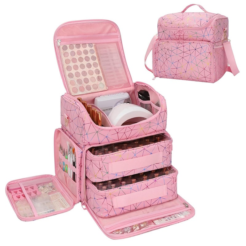 CUBETASTIC Extra Large Nail Polish Organizer Case Holds 86 to 100+ Bottles Nail Polish & Nail Lamp, Nail Supplies Storage Carrying Bag with 2 Removable Pouches (Triangle Pink, 86 Slots) - Image 1