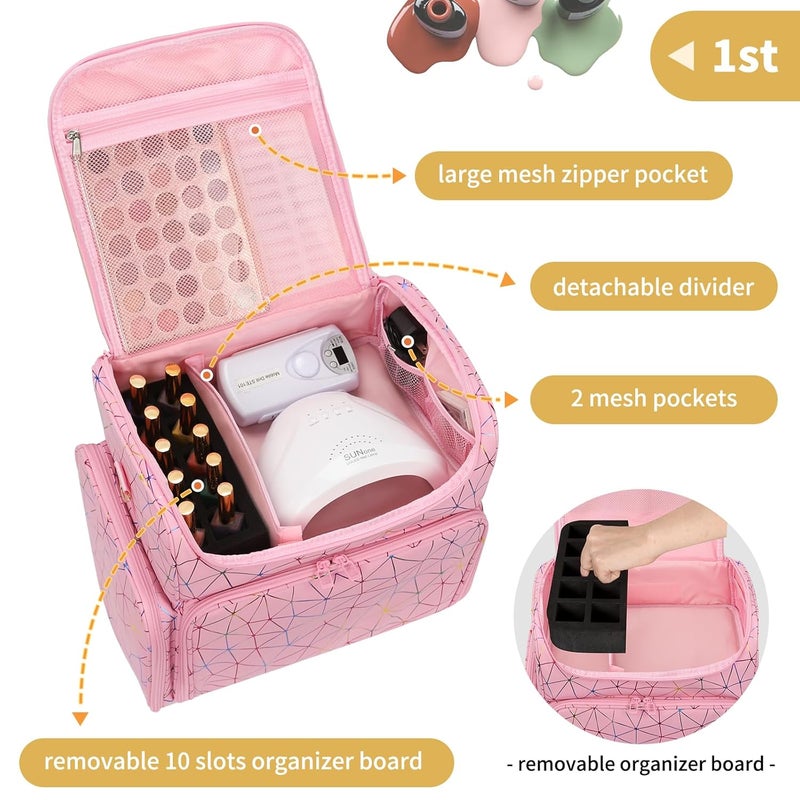 CUBETASTIC Extra Large Nail Polish Organizer Case Holds 86 to 100+ Bottles Nail Polish & Nail Lamp, Nail Supplies Storage Carrying Bag with 2 Removable Pouches (Triangle Pink, 86 Slots) - Image 3