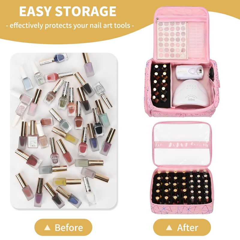 CUBETASTIC Extra Large Nail Polish Organizer Case Holds 86 to 100+ Bottles Nail Polish & Nail Lamp, Nail Supplies Storage Carrying Bag with 2 Removable Pouches (Triangle Pink, 86 Slots) - Image 2