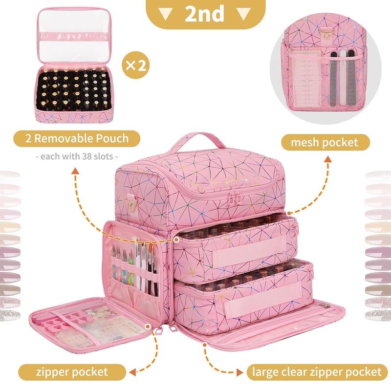 CUBETASTIC Extra Large Nail Polish Organizer Case Holds 86 to 100+ Bottles Nail Polish & Nail Lamp, Nail Supplies Storage Carrying Bag with 2 Removable Pouches (Triangle Pink, 86 Slots) - Image 4