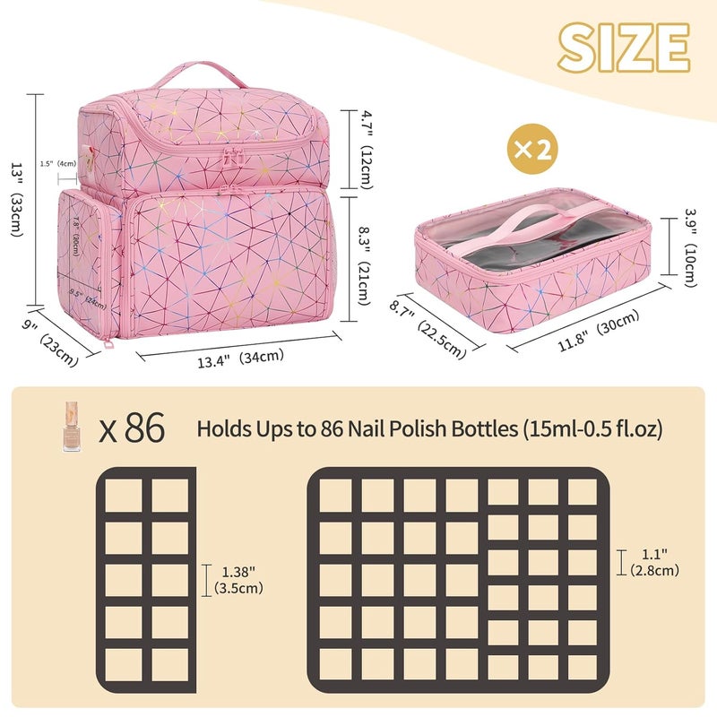 CUBETASTIC Extra Large Nail Polish Organizer Case Holds 86 to 100+ Bottles Nail Polish & Nail Lamp, Nail Supplies Storage Carrying Bag with 2 Removable Pouches (Triangle Pink, 86 Slots) - Image 5