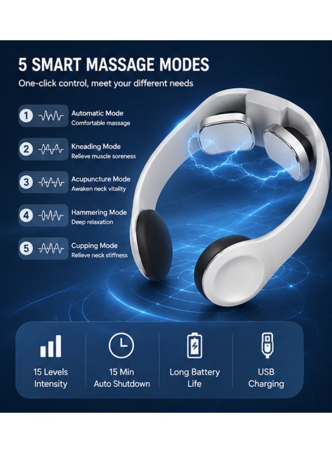 جهاز مساج الرقبة الذكي EMS اللاسلكي – 5 أوضاع تدليك، 15 مستوى كثافة، تصميم مريح على شكل U، قابل للشحن USB لتدليك الرقبة والكتفين والاسترخاء اليومي - Image 3