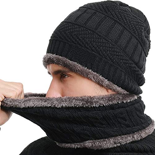 RodZen Winter Knit Beanie Cap Hat Neck Warmer Scarf Set for Men & Women (2 Piece) (Black) - Image 5