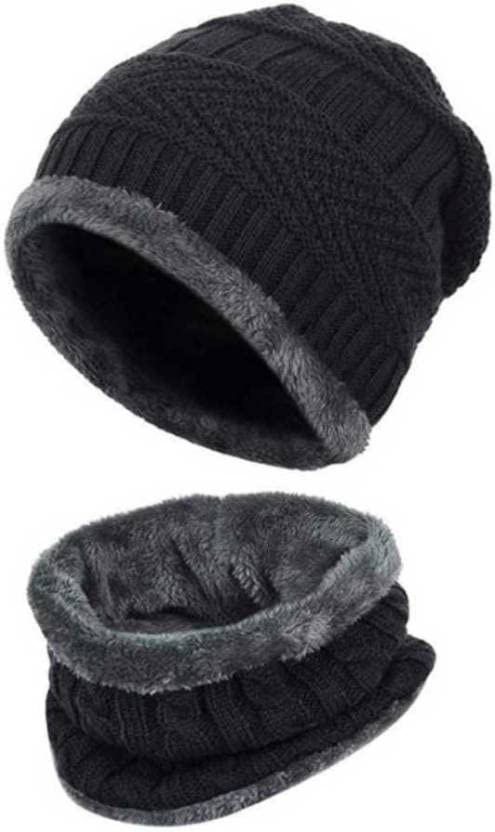 RodZen Winter Knit Beanie Cap Hat Neck Warmer Scarf Set for Men & Women (2 Piece) (Black) - Image 2