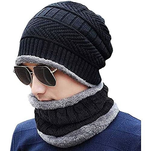 RodZen Winter Knit Beanie Cap Hat Neck Warmer Scarf Set for Men & Women (2 Piece) (Black) - Image 1