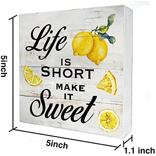 MAVOTEN Inspirational Quote Life is Short Make it Sweet Wood Box Sign Rustic Lemon Print Wooden Box Sign Farmhouse Home Kitchen Desk Shelf Decor (5 X 5 Inch) - Image 2
