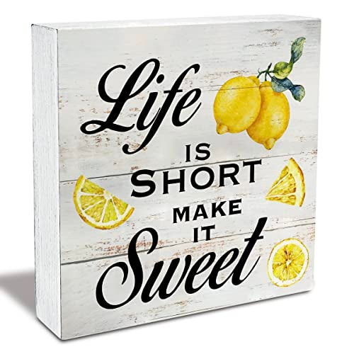 MAVOTEN Inspirational Quote Life is Short Make it Sweet Wood Box Sign Rustic Lemon Print Wooden Box Sign Farmhouse Home Kitchen Desk Shelf Decor (5 X 5 Inch) - Image 1