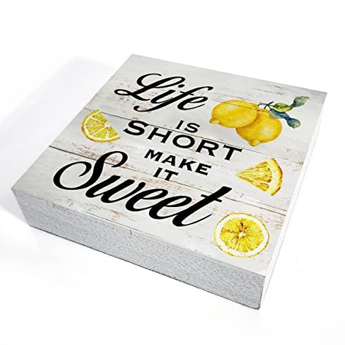 MAVOTEN Inspirational Quote Life is Short Make it Sweet Wood Box Sign Rustic Lemon Print Wooden Box Sign Farmhouse Home Kitchen Desk Shelf Decor (5 X 5 Inch) - Image 3