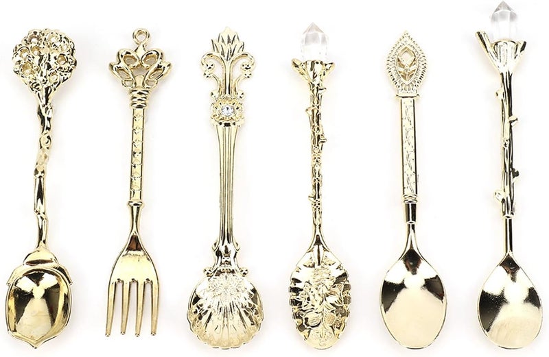 6Pcs Vintage Retro Zinc Alloy Cutlery Set, Spoon and Fork Kitchen Accessories in Multi Color - Durable Food Grade Material, Elegant European Style, Ideal for Home and Cafe Use (Gold (auspicious - Image 1