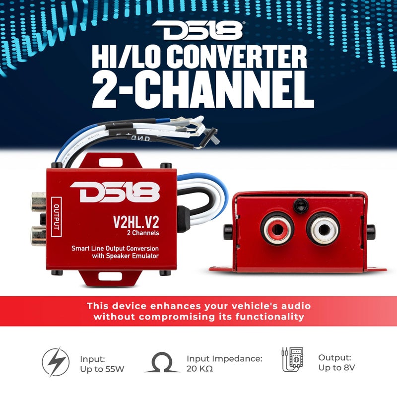 DS18 V2HL.V2 Hi/Lo Converter 2-Channel with Speaker Emulator - High-Level Speaker Signal to Low-Level - Smart line Output 2CH High-Level Input and 2CH RCA Output - Image 2