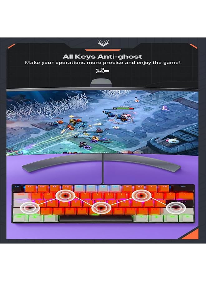 61 Keys Rgb Gaming Keyboard 60% Mini Wired Waterproof With Anti Ghosting Keyboard And Three Color Keycaps With Red Switch For Gamers(Orange White And Black) - Image 3