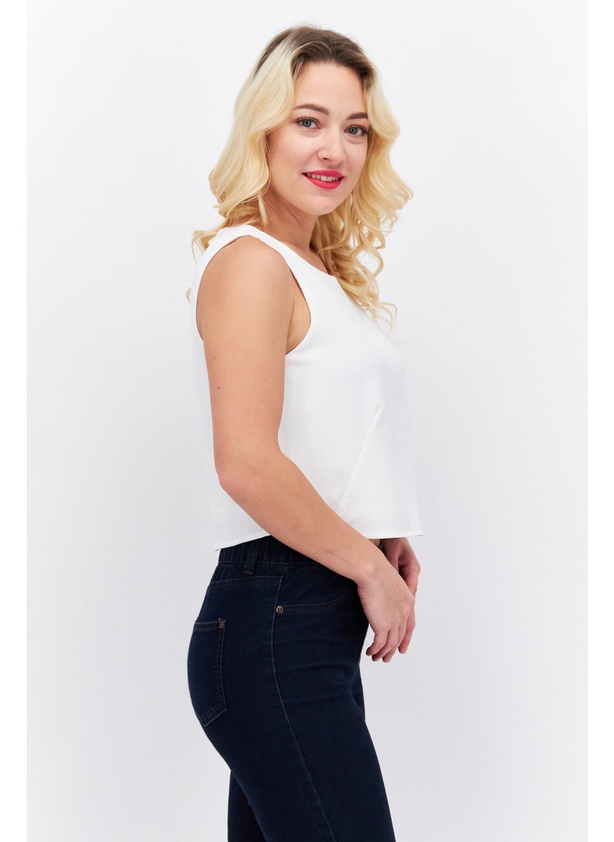 ESPRIT - Women Round Neck Sleeveless Solid Crop Top, White - Image 1