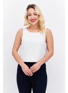 Women Round Neck Sleeveless Solid Crop Top, White